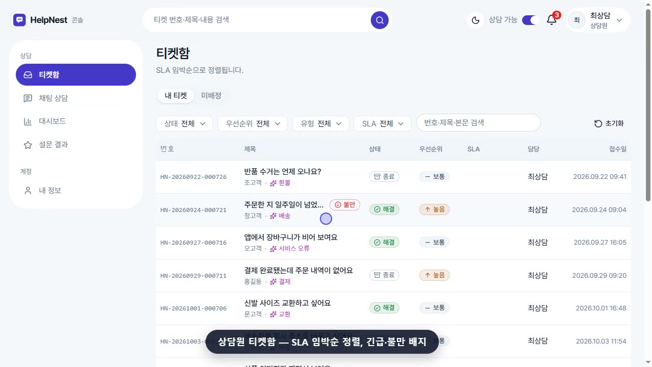 HelpNest 상담원 티켓 화면
